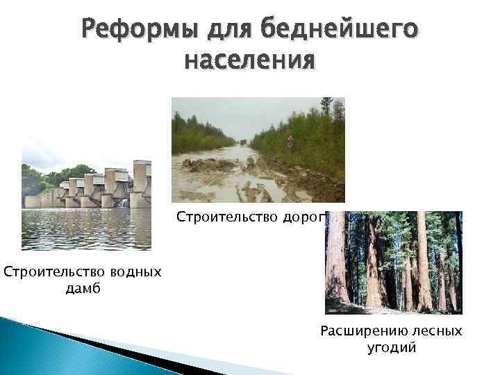 Реформы для беднейшего населения Строительство дорог Строительство водных дамб Расширению лесных угодий 