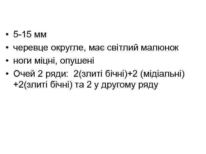  • 5 -15 мм • черевце округле, має світлий малюнок • ноги міцні,