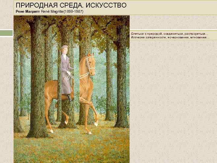 ПРИРОДНАЯ СРЕДА. ИСКУССТВО Рене Магритт René Magritte(1898 -1967) Слиться с природой, соединиться, раствориться… Иллюзия