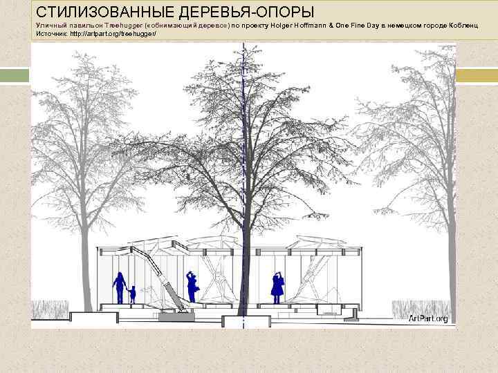 СТИЛИЗОВАННЫЕ ДЕРЕВЬЯ-ОПОРЫ Уличный павильон Treehugger ( «обнимающий дерево» ) по проекту Holger Hoffmann &