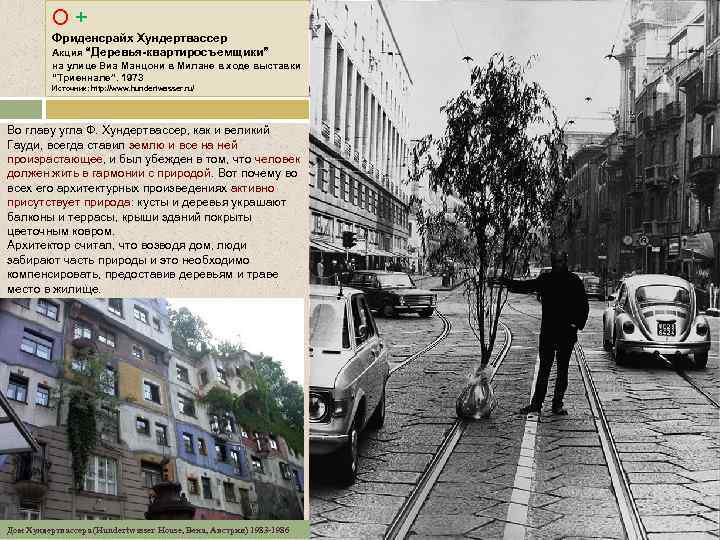 О + Фриденсрайх Хундертвассер Акция “Деревья-квартиросъемщики” на улице Виа Манцони в Милане в ходе