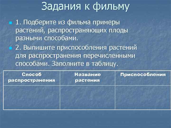 Задания к фильму n n 1. Подберите из фильма примеры растений, распространяющих плоды разными