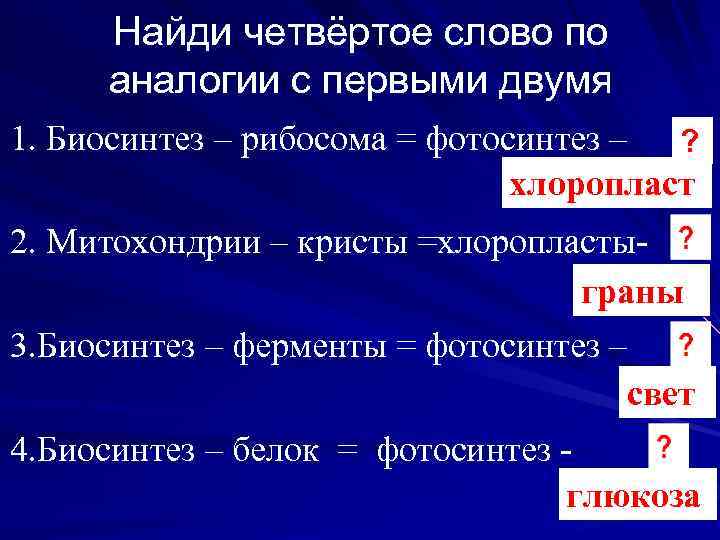 Найди четвёртое слово по аналогии с первыми двумя 1. Биосинтез – рибосома = фотосинтез
