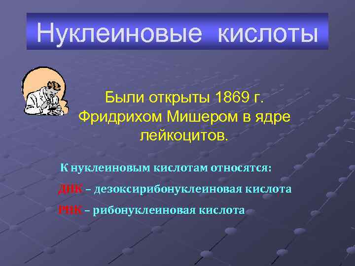 Нуклеиновые кислоты   Были открыты 1869 г. Фридрихом Мишером в ядре  лейкоцитов.