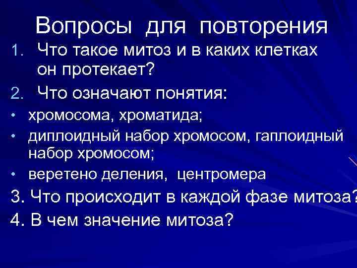 Вопросы для повторения 1. Что такое митоз и в каких клетках он протекает? 2.