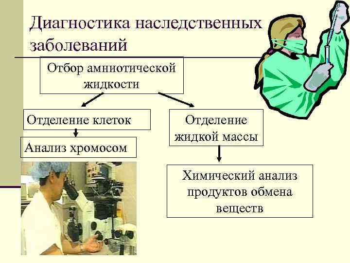 Диагностика наследственных заболеваний Отбор амниотической жидкости Отделение клеток Анализ хромосом Отделение жидкой массы Химический