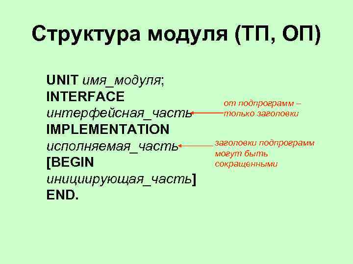 Структура модуля (ТП, ОП) UNIT имя_модуля; INTERFACE интерфейсная_часть IMPLEMENTATION исполняемая_часть [BEGIN инициирующая_часть] END. от
