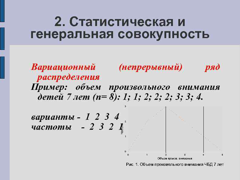 2. Статистическая и генеральная совокупность Вариационный (непрерывный) ряд распределения Пример: объем произвольного внимания детей