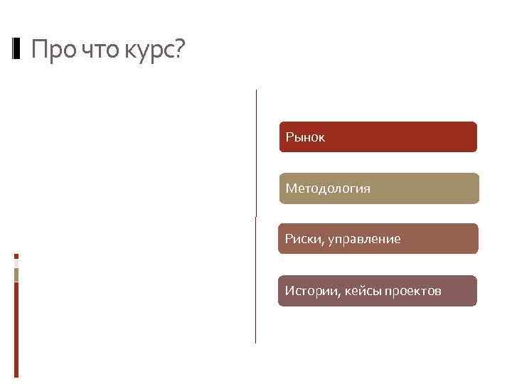 Про что курс? Рынок Методология Риски, управление Истории, кейсы проектов 