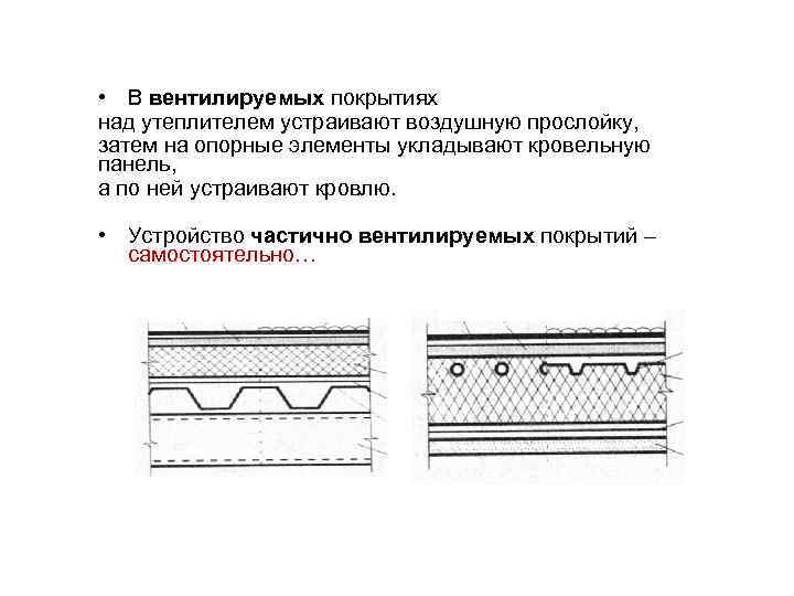  • В вентилируемых покрытиях над утеплителем устраивают воздушную прослойку, затем на опорные элементы