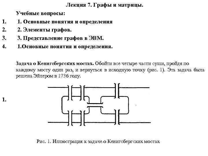 Лекция 7. Графы и матрицы. 1. 2. 3. 4. Учебные вопросы: 1. Основные понятия