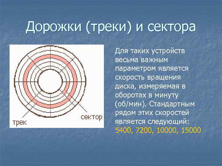 Дорожки (треки) и сектора Для таких устройств весьма важным параметром является скорость вращения диска,