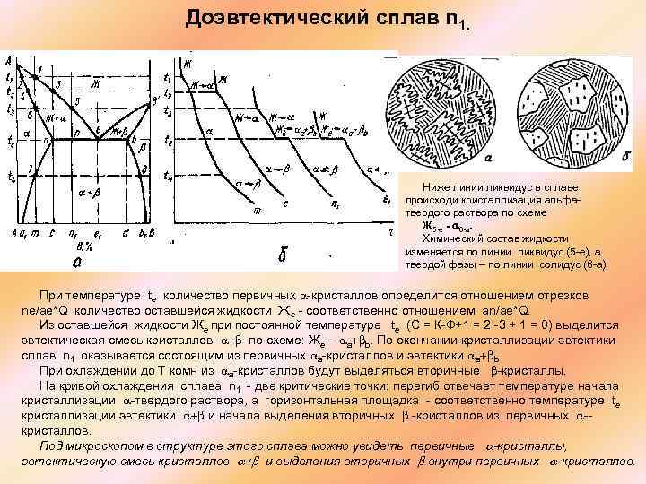  Доэвтектический сплав n 1. Ниже линии ликвидус в сплаве происходи кристаллизация альфа твердого