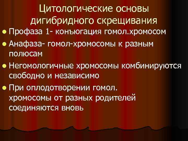 Цитологические основы дигибридного скрещивания l Профаза 1 - конъюгация гомол. хромосом l Анафаза- гомол-хромосомы