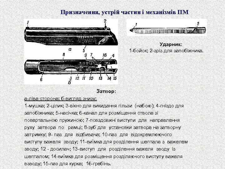 Призначення, устрій частин і механізмів ПМ Ударник: 1 -бойок; 2 -зріз для запобіжника. Затвор: