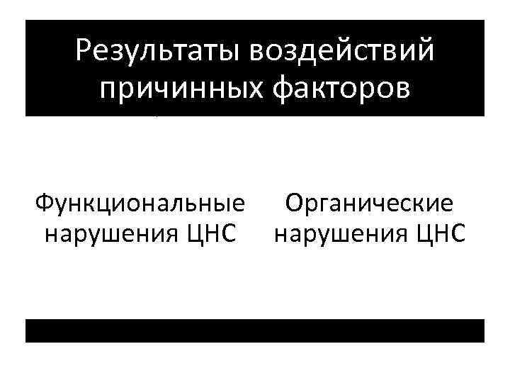 Результаты воздействий причинных факторов Функциональные Органические нарушения ЦНС 