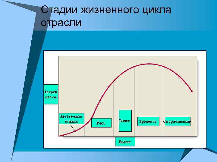 Стадии жизненного цикла отрасли Потребности Зачаточная стадия Рост Взлет Время Зрелость Сворачивание 