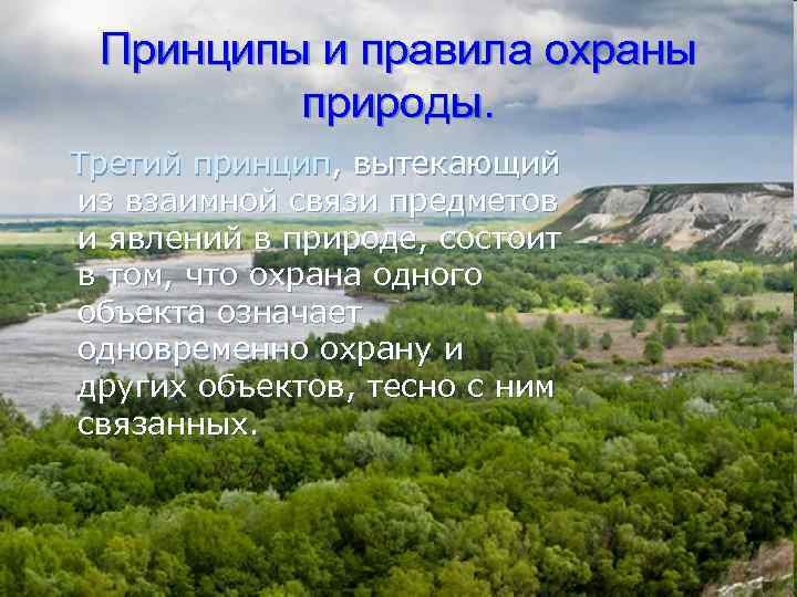 Принципы и правила охраны природы. Третий принцип, вытекающий из взаимной связи предметов и явлений