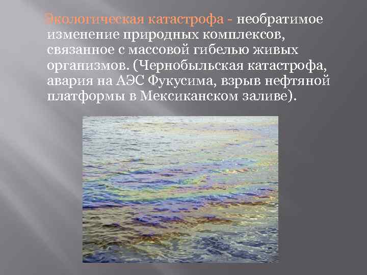 Экологическая катастрофа - необратимое изменение природных комплексов, связанное с массовой гибелью живых организмов. (Чернобыльская