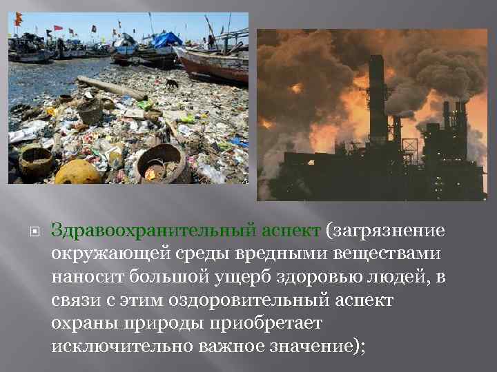  Здравоохранительный аспект (загрязнение окружающей среды вредными веществами наносит большой ущерб здоровью людей, в