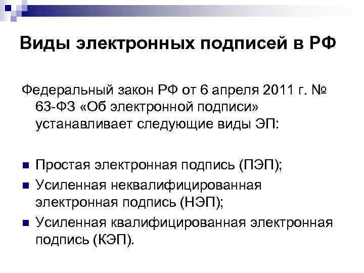 Виды электронных подписей в РФ Федеральный закон РФ от 6 апреля 2011 г. №