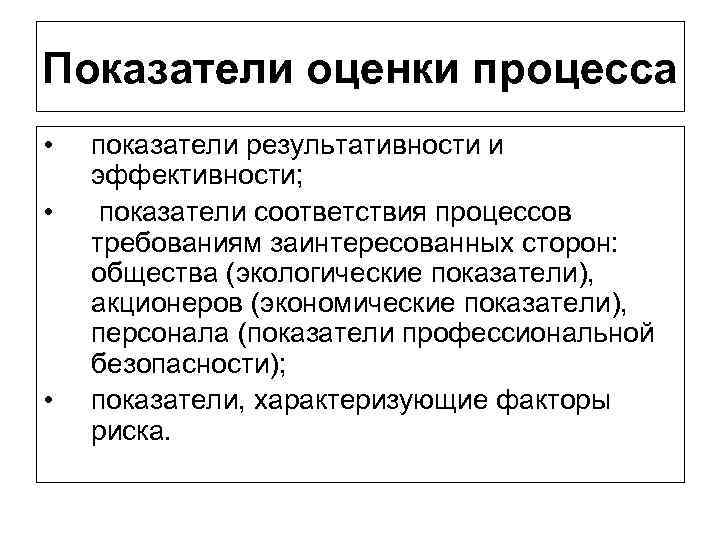 Показатели оценки процесса • • • показатели результативности и эффективности; показатели соответствия процессов требованиям