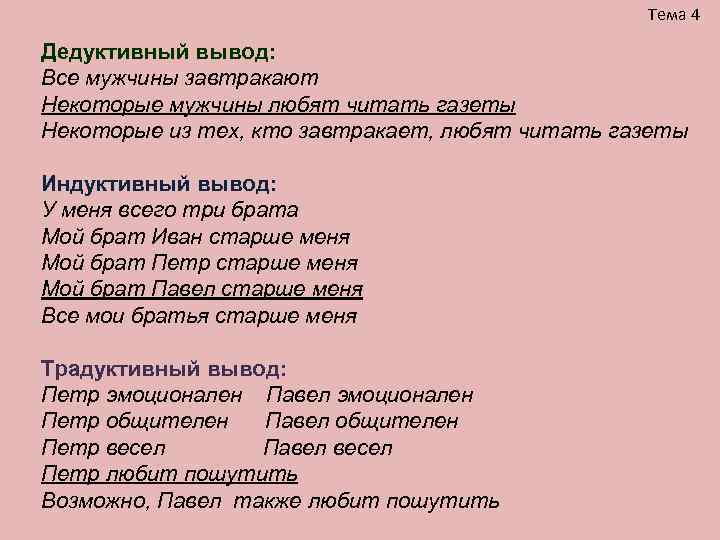 Тема 4 Дедуктивный вывод: Все мужчины завтракают Некоторые мужчины любят читать газеты Некоторые из