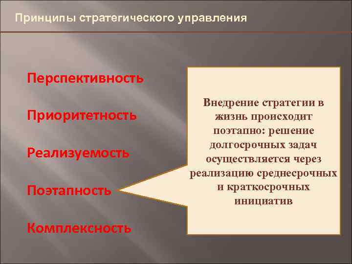 Принципы стратегического управления Перспективность Приоритетность Реализуемость Поэтапность Комплексность Внедрение стратегии в жизнь происходит 4,