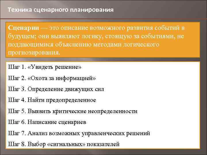 Техника сценарного планирования Сценарии — это описание возможного развития событий в будущем; они выявляют