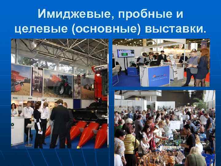 Имиджевые, пробные и целевые (основные) выставки. 
