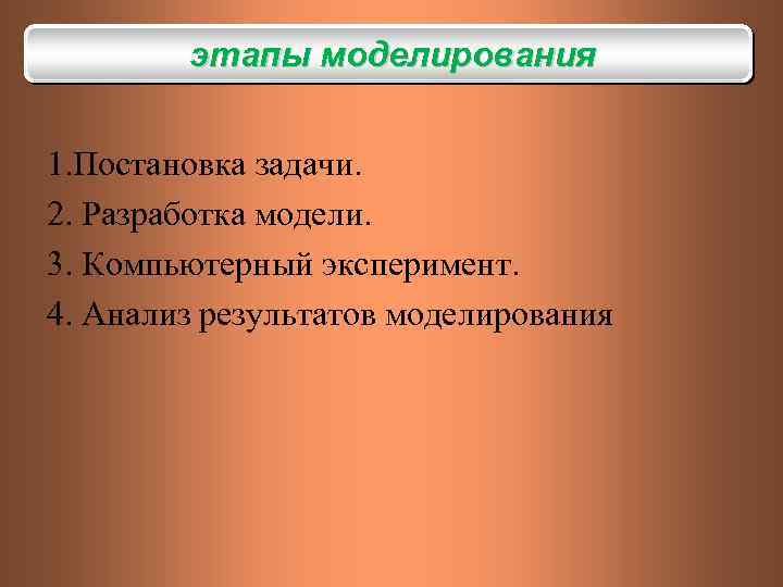 этапы моделирования 1. Постановка задачи. 2. Разработка модели. 3. Компьютерный эксперимент. 4. Анализ результатов
