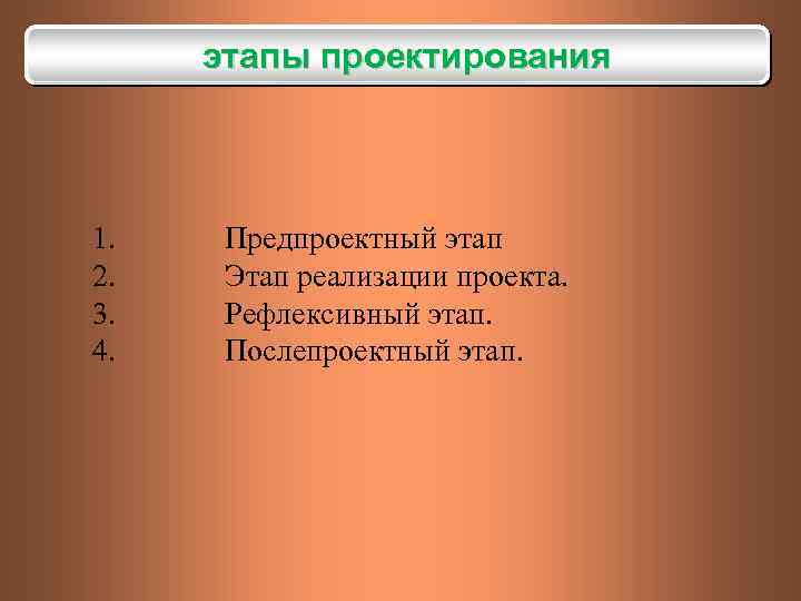 этапы проектирования 1. Предпроектный этап 2. Этап реализации проекта. 3. Рефлексивный этап. 4. Послепроектный
