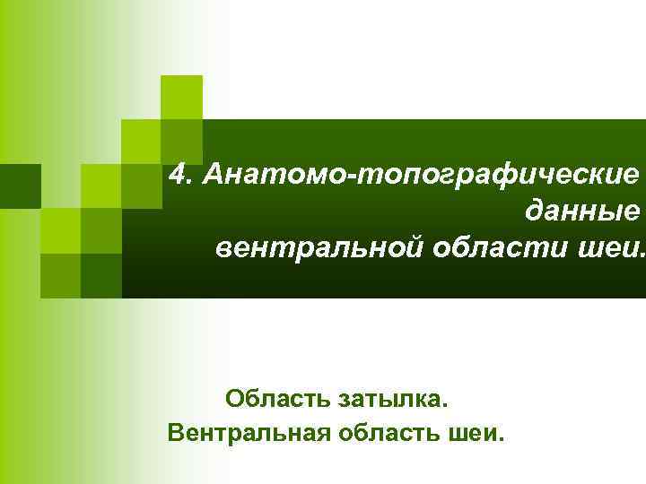 4. Анатомо-топографические данные вентральной области шеи. Область затылка. Вентральная область шеи. 