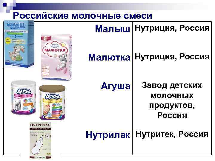 Российские молочные смеси Малыш Нутриция, Россия Малютка Нутриция, Россия Агуша Завод детских молочных продуктов,