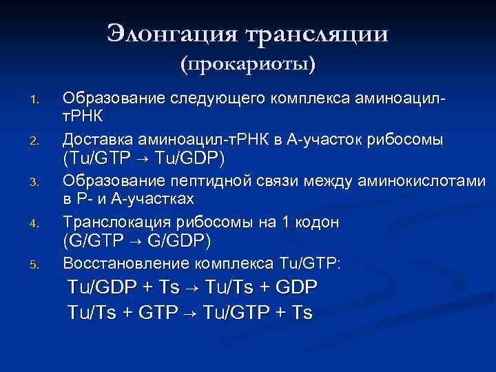 Элонгация трансляции (прокариоты) 1. 2. Образование следующего комплекса аминоацилт. РНК Доставка аминоацил-т. РНК в