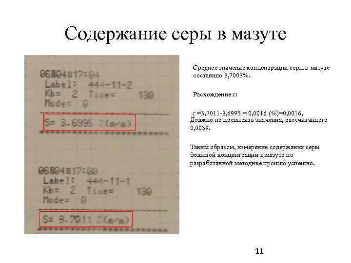 Содержание серы в мазуте Среднее значение концентрации серы в мазуте составило 3, 7003%. Расхождение