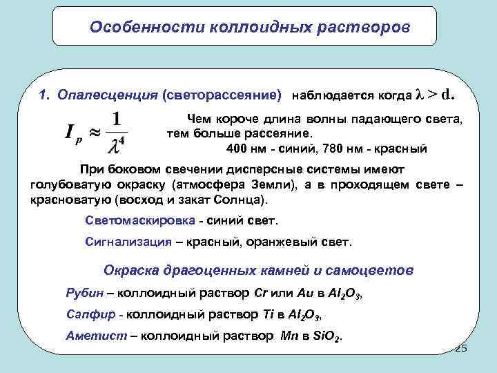 Особенности коллоидных растворов 1. Опалесценция (светорассеяние) наблюдается когда λ > d. Чем короче длина