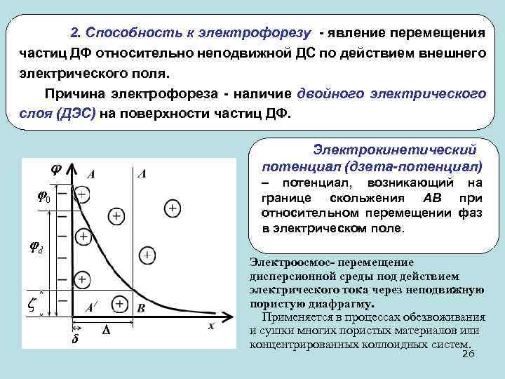 2. Способность к электрофорезу - явление перемещения частиц ДФ относительно неподвижной ДС по действием