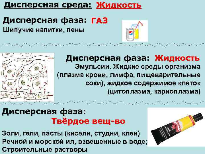 Дисперсная среда: Жидкость Дисперсная фаза: ГАЗ Шипучие напитки, пены Дисперсная фаза: Жидкость Эмульсии. Жидкие