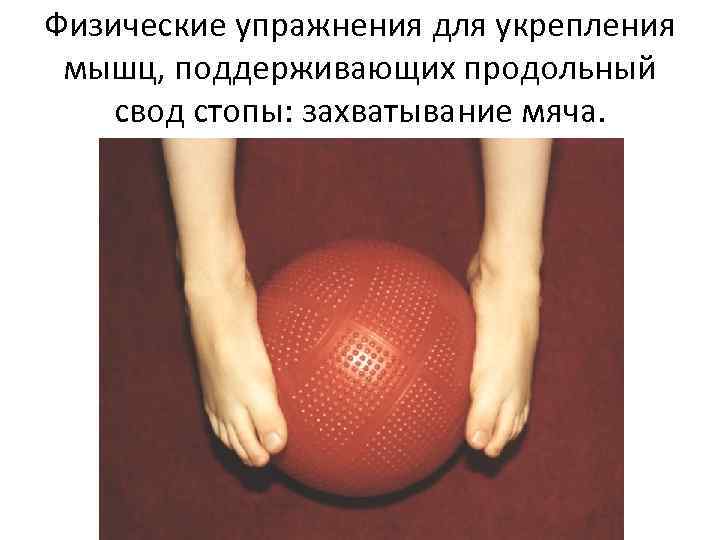 Физические упражнения для укрепления мышц, поддерживающих продольный свод стопы: захватывание мяча. 
