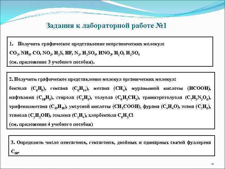 Задания к лабораторной работе № 1 1. Получить графическое представление неорганических молекул: CO 2,