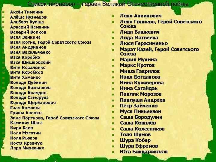 Список пионеров – героев Великой Отечественной войны n n n n n n n
