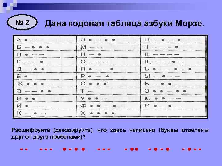 № 2 Дана кодовая таблица азбуки Морзе. Расшифруйте (декодируйте), что здесь написано (буквы отделены