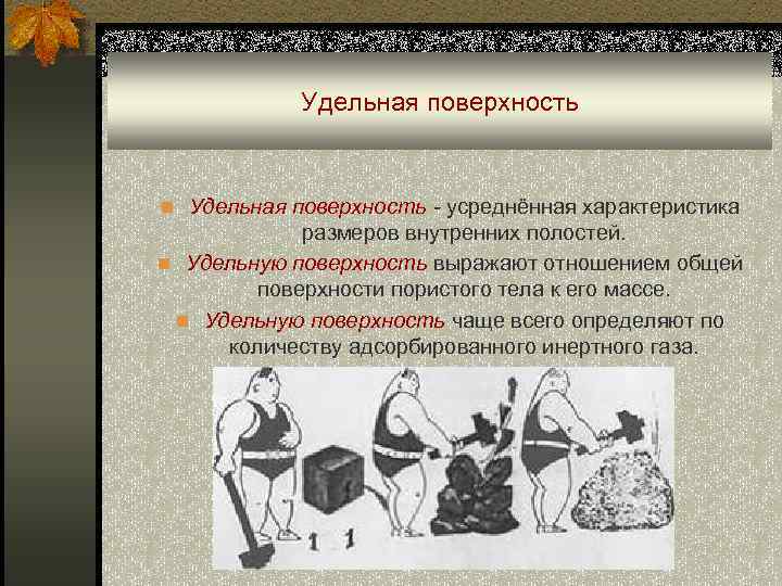 Удельная поверхность n Удельная поверхность - усреднённая характеристика размеров внутренних полостей. n Удельную поверхность