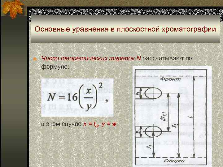 Основные уравнения в плоскостной хроматографии ■ Число теоретических тарелок N рассчитывают по формуле: в
