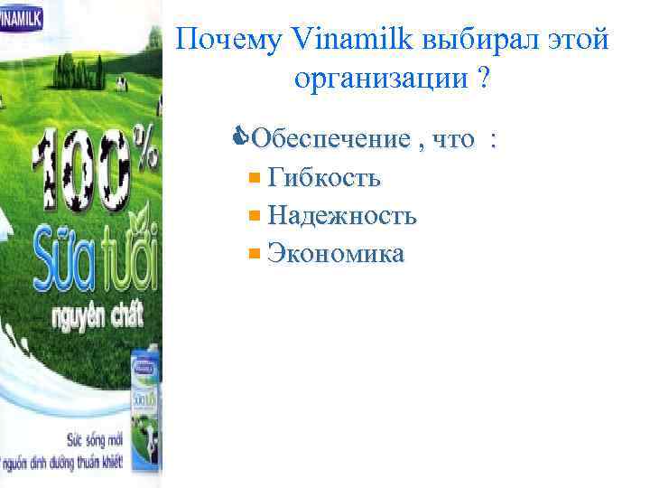 Почему Vinamilk выбирал этой организации ? Обеспечение , что : Гибкость Надежность Экономика 