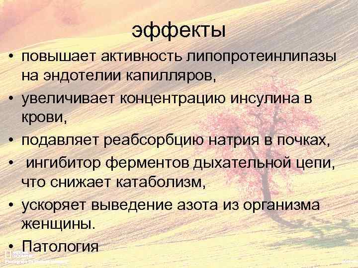 эффекты • повышает активность липопротеинлипазы на эндотелии капилляров, • увеличивает концентрацию инсулина в крови,