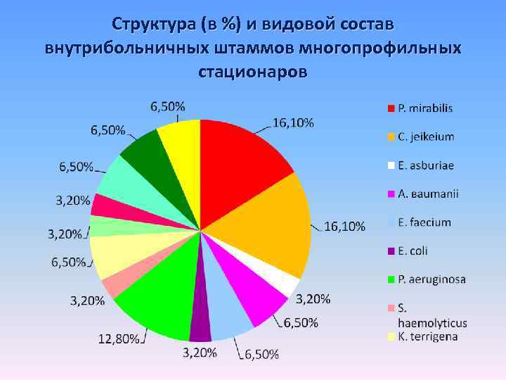 Структура (в %) и видовой состав внутрибольничных штаммов многопрофильных стационаров 