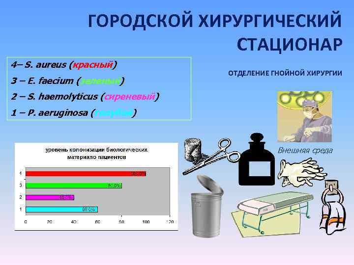 ГОРОДСКОЙ ХИРУРГИЧЕСКИЙ СТАЦИОНАР 4– S. aureus (красный) 3 – E. faecium (зеленый) ОТДЕЛЕНИЕ ГНОЙНОЙ