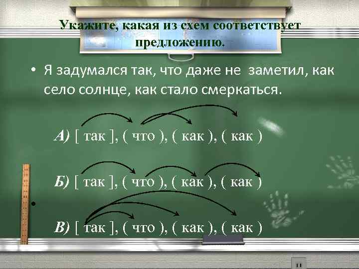 Укажите, какая из схем соответствует предложению. • Я задумался так, что даже не заметил,